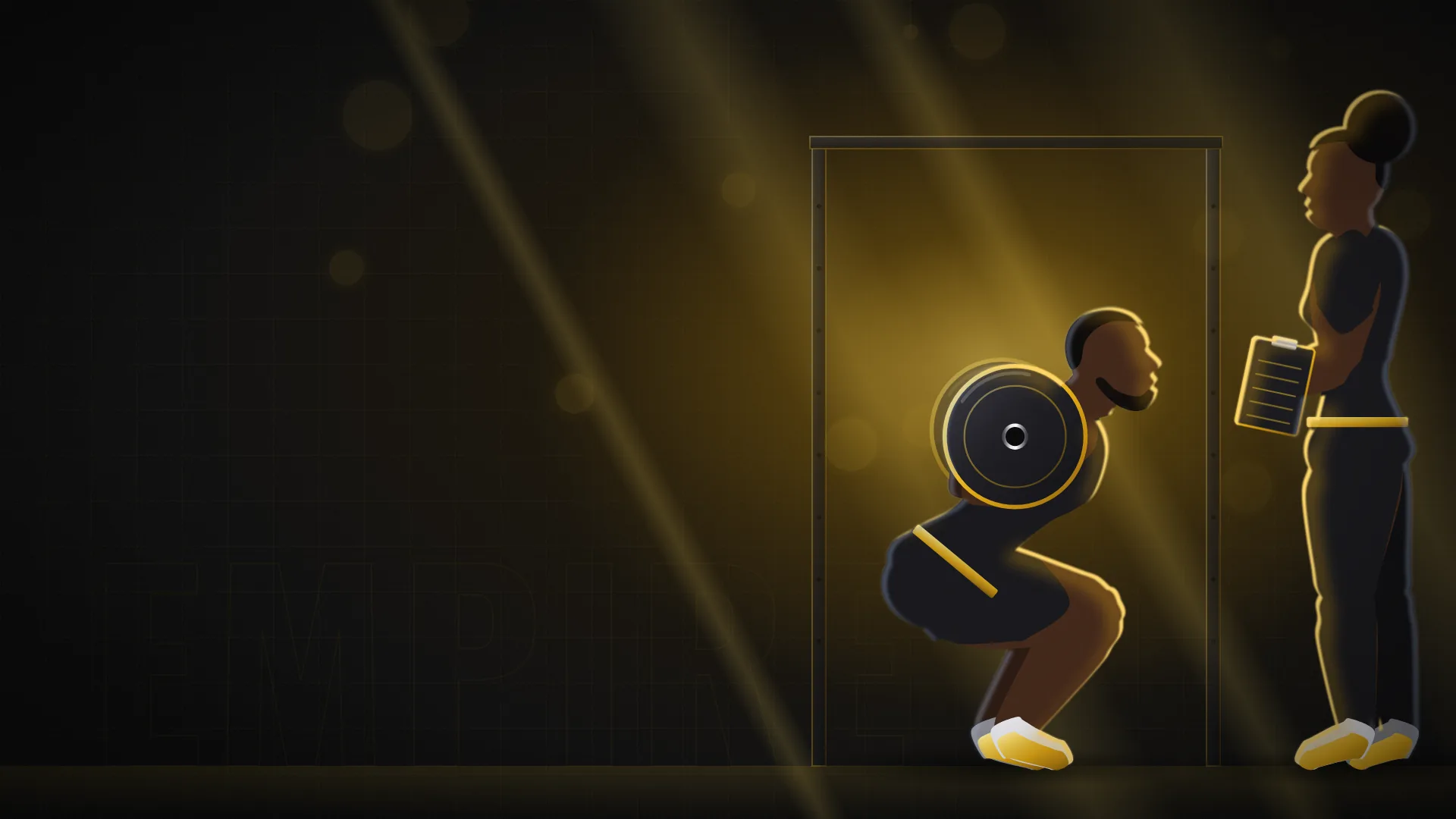 Illustration of a member squatting with a barbell while a coach takes notes