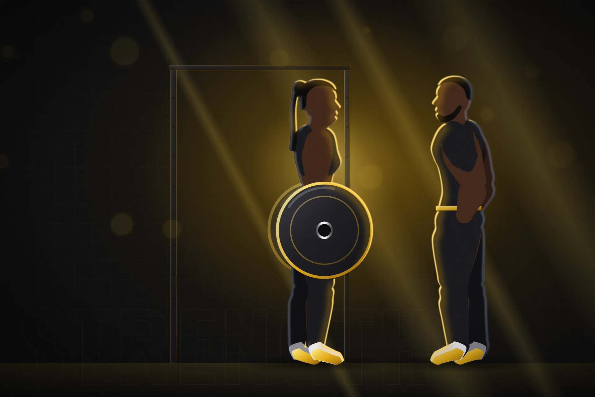 Illustration of a member deadlifting while a coach watches her technique